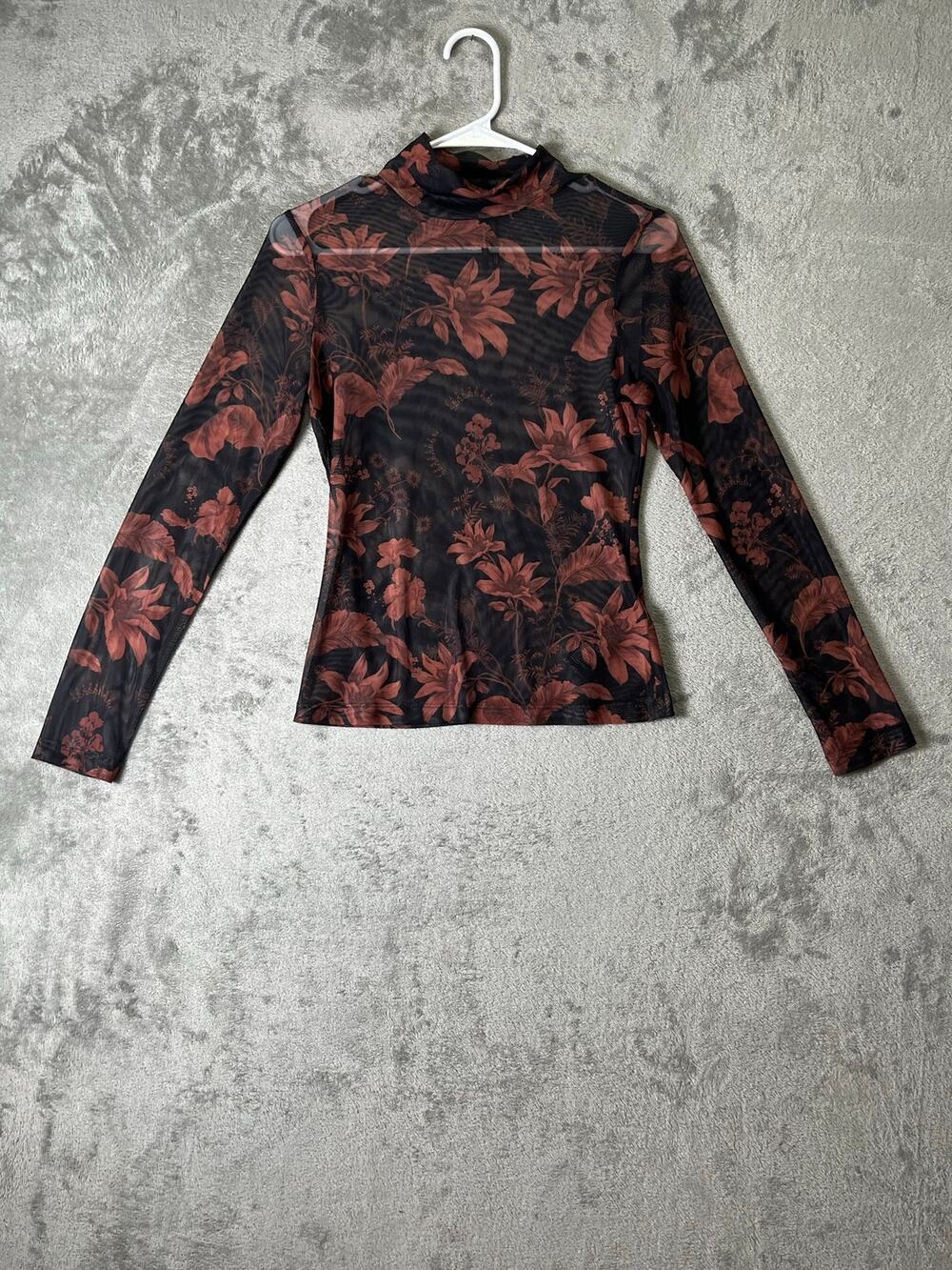 Anthropologie Floral Mesh Mock Neck Long Sleeve Sheer Top Black Rust Size XS